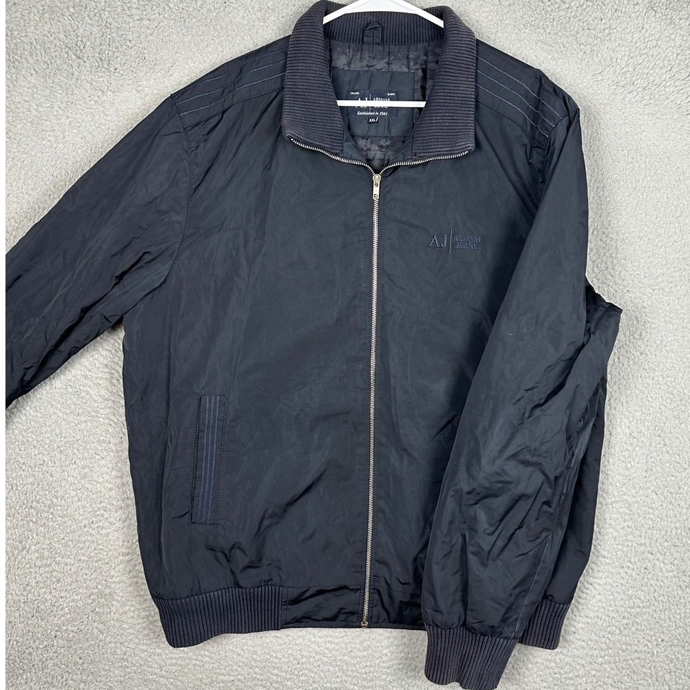 Armani Jeans Jacket Mens 2XL Bomber Navy Blue Full Zip Logo Patch Ribbed Trim